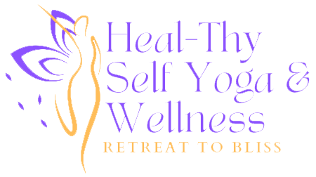 Logo for Heal-Thy Self Yoga & Wellness with the tagline "Retreat to Bliss." It features a stylized figure in a yoga pose with flowing lines forming a butterfly, rendered in gold and purple colors. The text is written in a blend of elegant fonts.